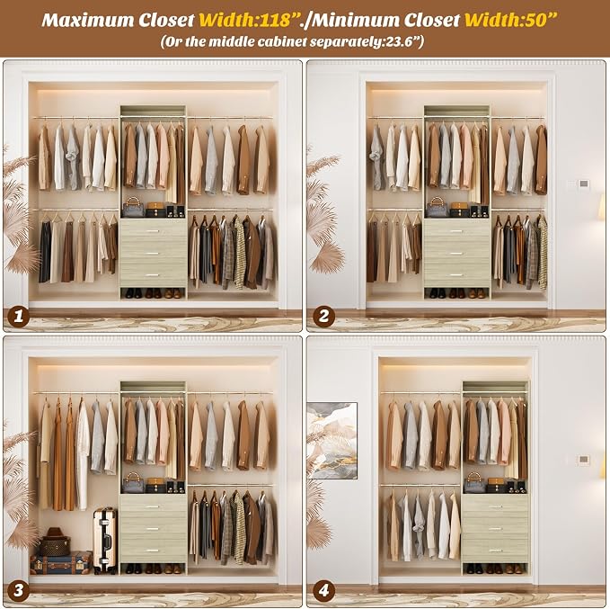 Aheaplus Closet System, Closet Organizer with 3 Wooden Drawers, Closet Organizer System, Walk-in Closet Wardrobe Clothes Rack with 4 Hanging Rods, Garment Rack, -4R,White Oak