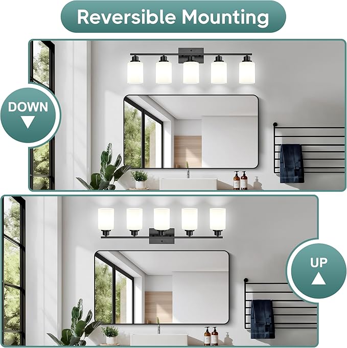 Ascher Bathroom Light Fixtures, 5-Light Vanity Light Over Mirror, Matte Black Wall Sconces with Milky White Frosted Glass Shades, Wall Lamp for Living Room Bedroom, E26 Base(Bulbs Not Included)