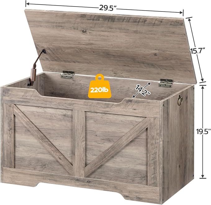 HOOBRO Storage Bench, 29.5” Retro Wooden Storage Chest with U-Shaped Cut-Out Pull, Safety Hinge, Supports 220 lb and Easy Assembly for Toy Box Organizer (Greige) BG77CW01G1
