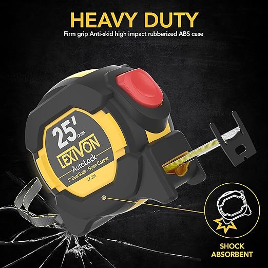 LEXIVON [4-Pack] 25Ft/7.5m AutoLock Tape Measure | 1-Inch Wide Blade with Nylon Coating, Matte Finish White & Yellow Dual Sided Rule Print | Ft/Inch/Fractions/Metric (LX-205X4)