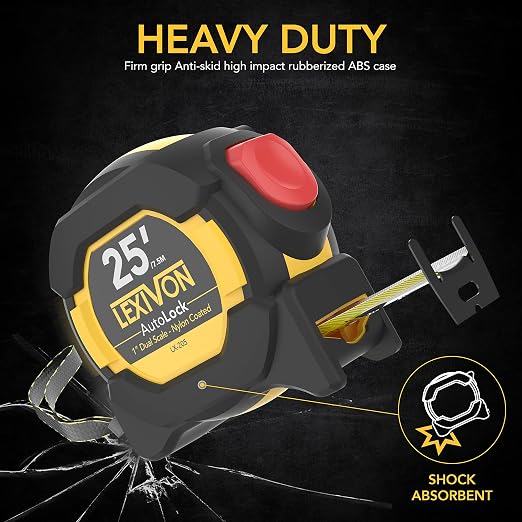 LEXIVON 25Ft/7.5m AutoLock Tape Measure | 1-Inch Wide Blade with Nylon Coating, Matte Finish White & Yellow Dual Sided Rule Print | Ft/Inch/Fractions/Metric (LX-205)