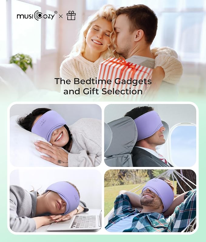MUSICOZY Sleep Headphones Eye Mask Bluetooth 5.4, Bamboo Cotton Full Coverage Headphones Headband for Side Sleepers, Wireless Earphones with Speaker Sleep Music Earbuds for Men Women (Lavender Purple)
