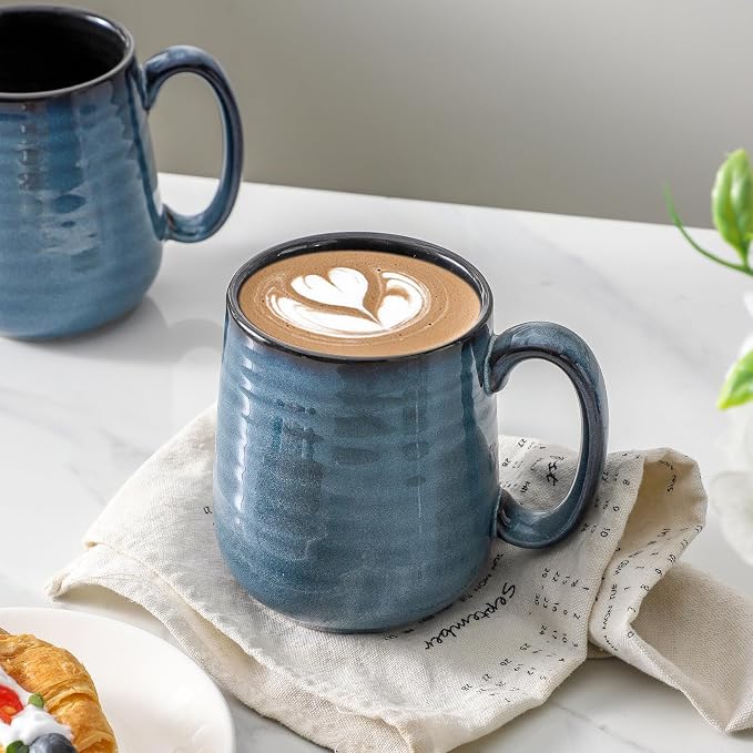 HASENSE Coffee Mugs Set of 4, 12 Ounce Ceramic Coffee Cups with Handle, Large Mug Set for Latte, Tea, Chocolate, Modern Cup Gift for Men and women, Dishwasher & Microwave Safe(Blue)