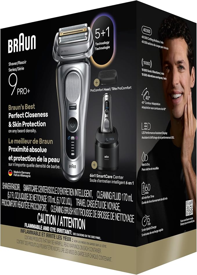 Braun Series 9 PRO+ Electric Shaver for Men, Wet & Dry Foil Razor, 6-in-1 SmartCare Clean & Charge Center, Built-in Precision ProTrimmer, ProComfort Attachment, Travel Case, Silver 9697cc
