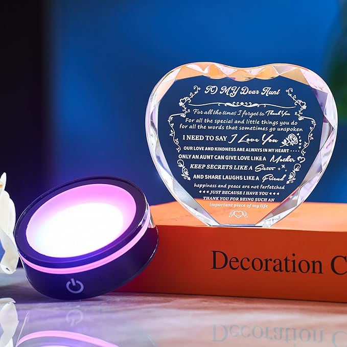 Gifts for Aunt, Auntie Gift Ideas, Heart-Shaped Crystal Keepsake with Light Base, Birthday, Thanksgiving Day, Christmas Gift for Aunt from Nephew, Best Aunt Ever Gifts
