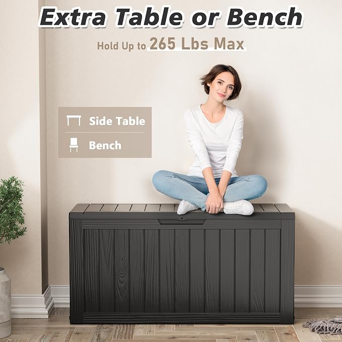 Deck Box, 82 Gallon Resin Indoor and Outdoor Storage Box Waterproof for Garden Tools, Pool Accessories Storage Bench, Patio Furniture and Cushions with Lockable Lid, Black