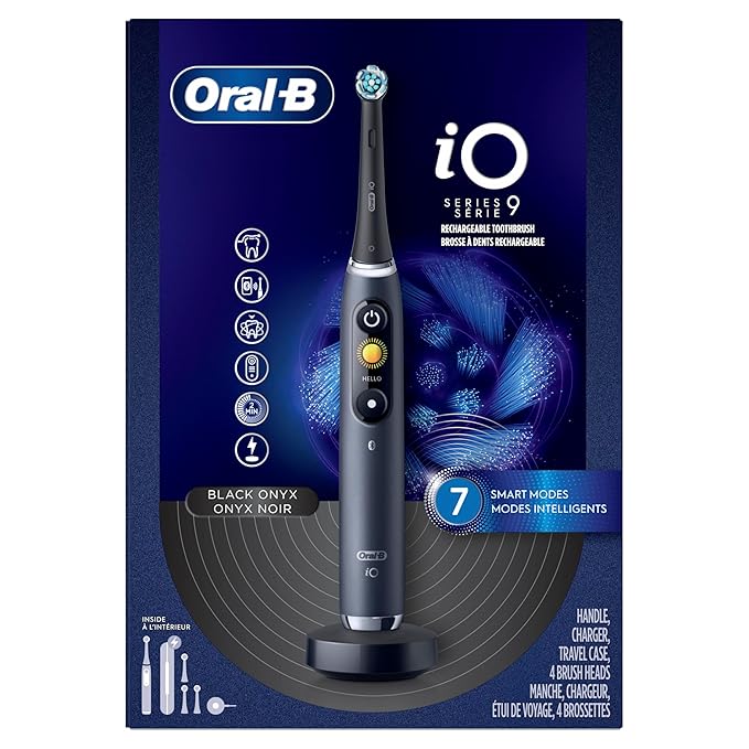 Oral-B Rechargeable Electric Toothbrush, iO Series 9 Genius, Black, 4 Replacement Brush Heads, Power Charging Travel Case, Teeth Whitening, Visible Pressure Sensor to Protect Gums, 7 Modes