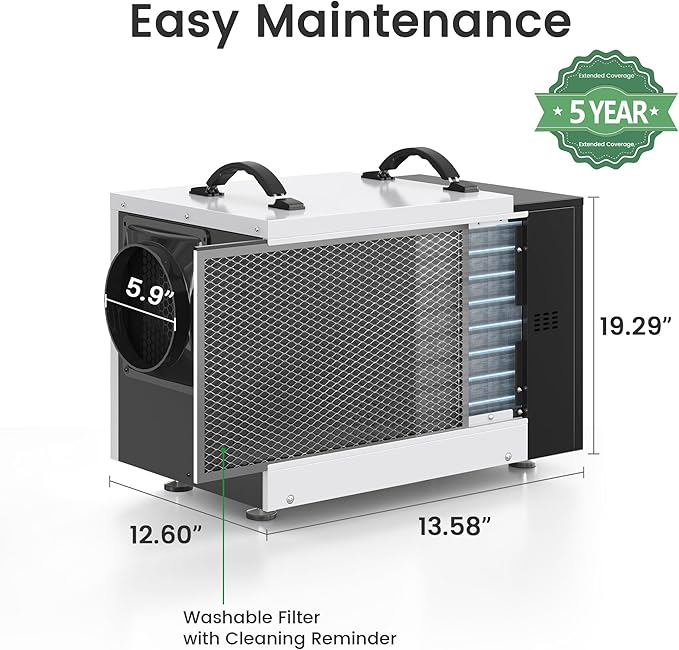 Waykar 125 Pint Crawl Space Dehumidifier with Drain Hose for Basements, Commercial & Water Damage Spaces up to 6500 Sq. Ft., Compact, Strong Dehumidification, 5-Year Quality Coverage