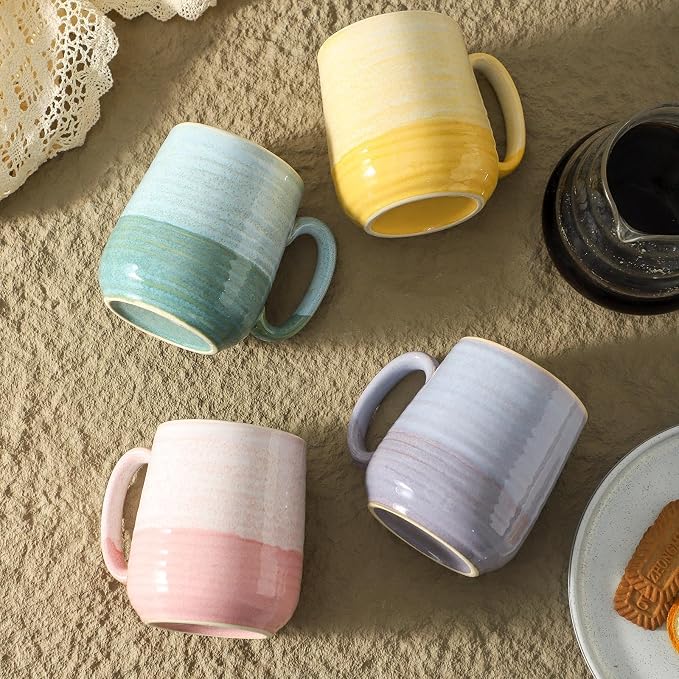 HASENSE Porcelain Coffee Mugs Set of 4, 12 Oz Two-Tone Reactive Glaze Coffee Cups with Handle, Unique Colorful Mug Set for Coffee, Tea, Coco, Latte, Dishwasher and Microwave Safe