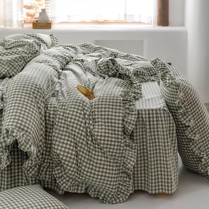 mixinni Green Gingham Ruffle Duvet Cover Queen Size 3 Pieces – 100% Washed Cotton, Vintage Plaid Ruffled Bedding Set with Zipper Ties, Soft Checkered Grid Farmhouse Chic Comforter Cover Set