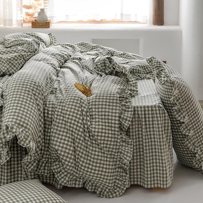 mixinni Green Gingham Ruffle Duvet Cover Twin XL Size 3 Pieces – 100% Washed Cotton, Vintage Plaid Ruffled Bedding Set with Zipper Ties, Soft Checkered Grid Farmhouse Chic Comforter Cover Set