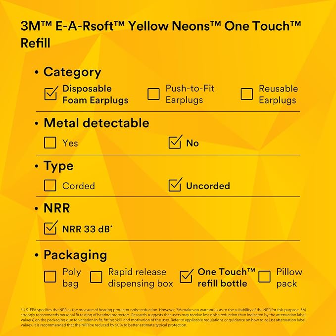 3M Ear Plugs, E-A-Rsoft Yellow Neons 391-1005, Bottle of 400 Pair of Disposable Earplugs, Slightly Longer, Uncorded, 33 NRR, Tapered Cylinder Shape, Slow Recovery Foam