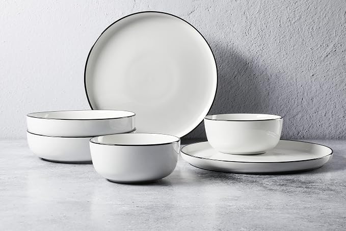 Gibson Home Oslo 16-Piece Porcelain Dinnerware Set, Service for 4 – White Plates with Black Rim, Microwave & Dishwasher Safe