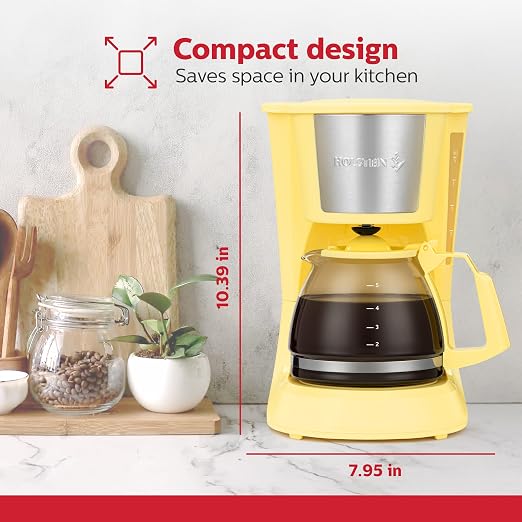 Holstein Housewares 5 Cup Drip Coffee Maker – Compact and User-Friendly with Auto Pause & Serve, Reusable Filter, Measuring Spoon & Glass Carafe, Office & Dorm Use, Yellow