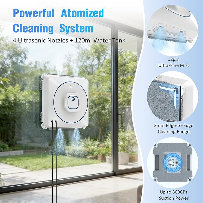 Window Cleaner Robot with 4 Cleaning Modes, 8000Pa Suction Dual Direction Auto-Spray Window Cleaner, Intelligent Path, Edge Detection, Remote Control, 15-Stage Anti-Fall System for Windows