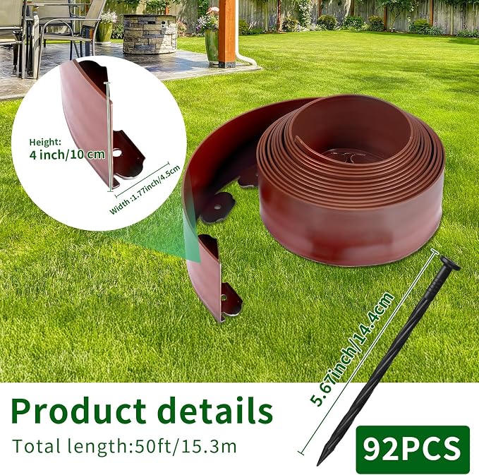 AggFencer Landscape Edging 4in Garden Edging Borders No Dig 50ft | Flexible Landscaping Edging Kit for Flower Bed Lawn Yard Grass Brown with 92 Pcs Spikes