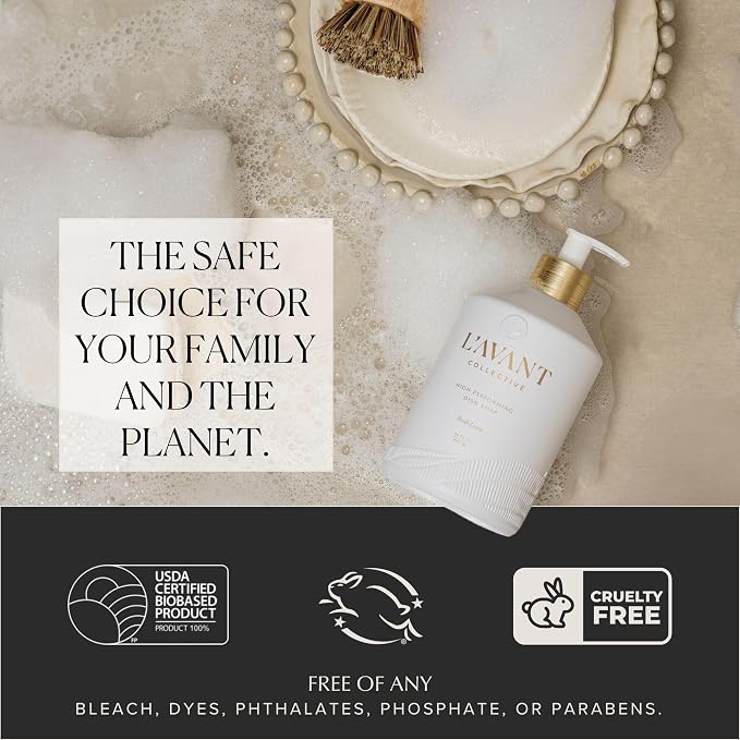 L'AVANT Collective Natural Luxury Dish Soap | Plant-Based, Non-Toxic & Grease-Cutting, Safe for Kids & Pets, Refillable Glass Bottle with Pump, 16 Fl Oz | Fresh Linen