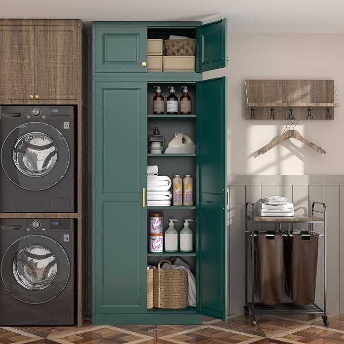 Steeloong 86"Metal Pantry Storage Cabinet with Doors & 4 Adjustable Shelves | Kitchen Pantry Cabinet,Green Kitchen Cabinet with 4 Gold Handles,Tall Cabinet for Livingroom,Pantry, Bathroom,Kitchen,Garage