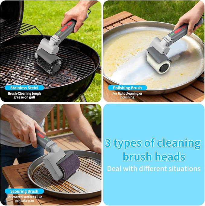 FLYSH Electric Grill Brush, Cordless BBQ Grill Cleaner with 3 Heads, 3-Speed & Angle Adjust, 58W 5200mAh 150-Min Runtime, IPX7 Waterproof for Outdoor Barbecue Grates