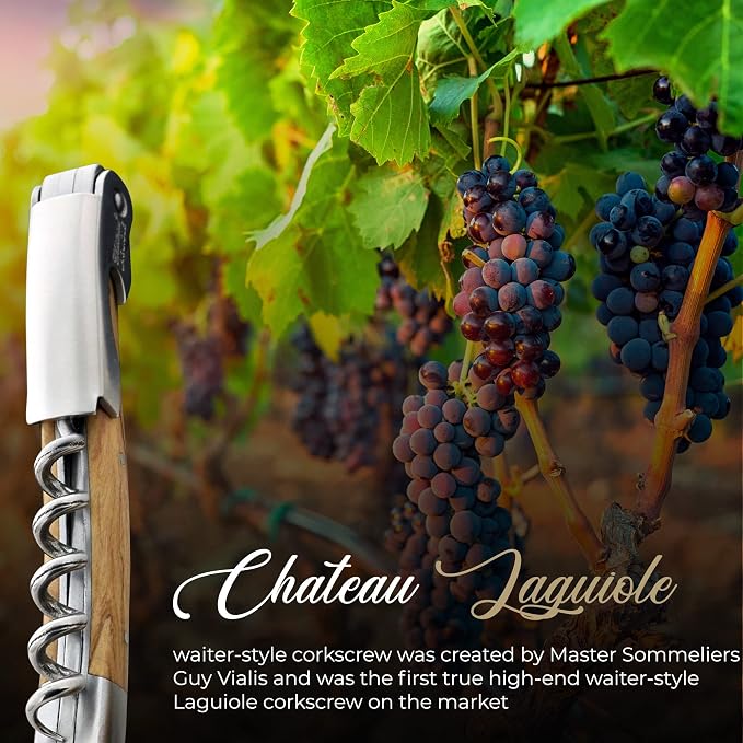 Chateau Laguiole Classic Laguiole Corkscrew - Olive Wood French Luxury Wine Opener - Includes Leather Sheath & Gift Box