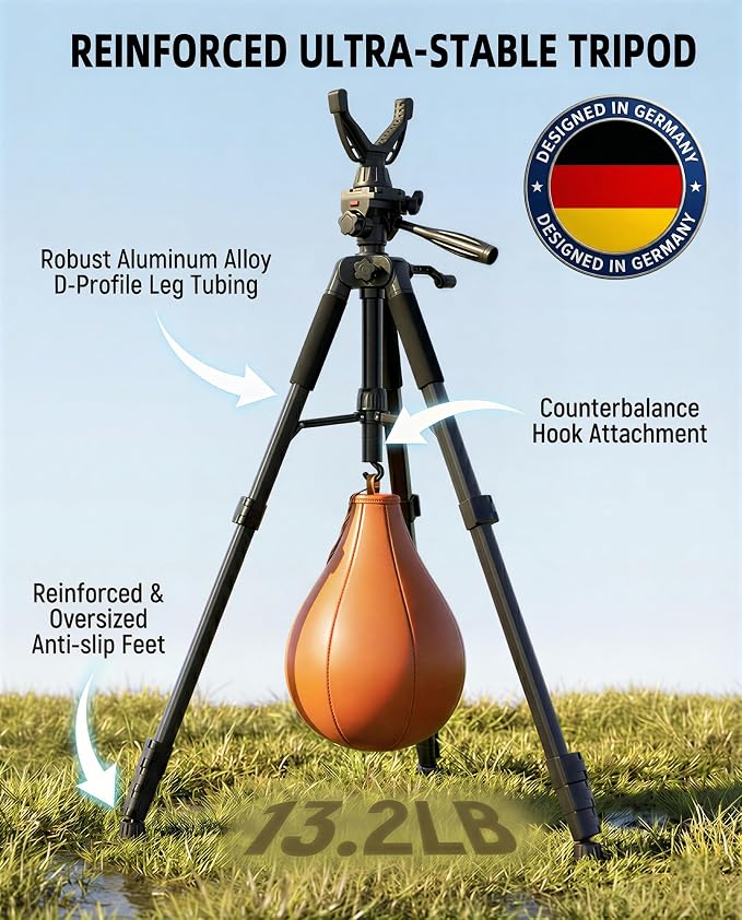 60"~63" Rifle Shooting Tripod, 360° V-Yoke Rest, 3D Pan Head for Hunting | 2.6lb Lightweight, Folds to 18". 360° V-yoke, 3/8 Thread, 1/4" QR Plate. Rubber feet, Wind Hook, Carry Bag, for Crossbow