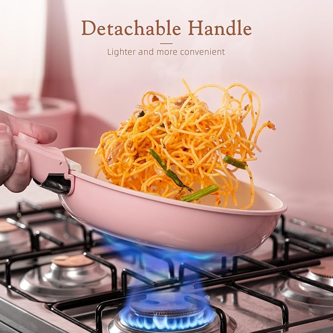 Astercook 21 Pcs Pots and Pans Set Non Stick, Ceramic Cookware Set Detachable Handle, RV Kitchen Cooking Set Removable Handles, Oven Safe, Induction Ready, Stackable, Pink, Fathers Day Gift for Men