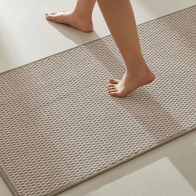 TYUU Bathroom Rugs Non Slip Washable, Super Absorbent Thin Bath Mat Quick Dry Low Pile Bathroom Rug, Beige 20"x48"