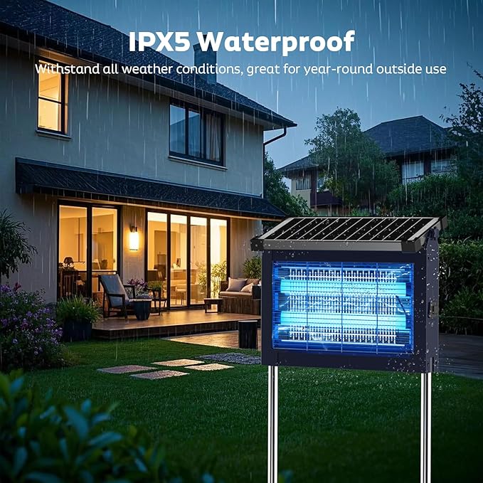 OnBeam Solar Bug Zapper Outdoor with Projector Lights, Mosquito Zapper Waterproof Electric Fly Zapper Rechargeable with 10W Solar Panel, 4500V Cordless Fly Trap for Backyard, Patio, Garden, Camping