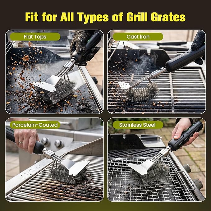 Electric Grill Brush with Scraper: 20kg High-Torque Power BBQ Grill Cleaner with 2-Speed, Reciprocating Clean, Reaches Grill Grate Sides & Corners, Gift for Dad/Men, Dual Mode (Auto/Manual)