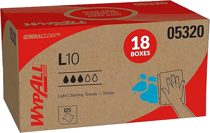 WypAll GeneralClean L10 Cloths Light Cleaning Wipes (05320), Pop-Up Box, Bulk Paper Wipers, White (18 Packs of 125 Sheets, 2,250 Sheet Total)