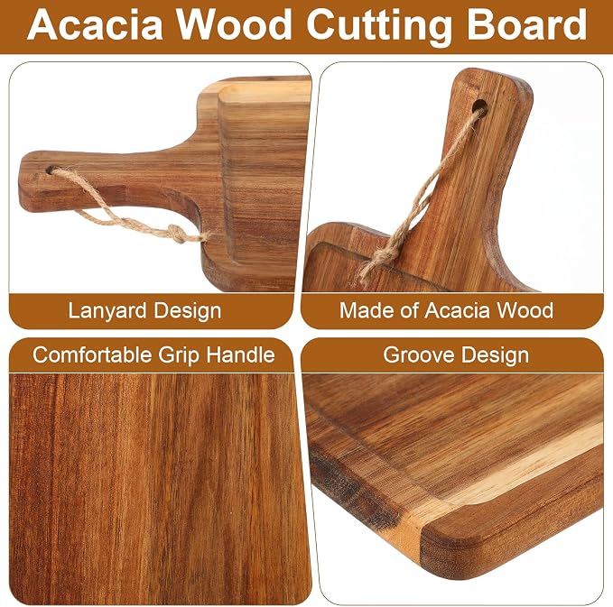 Geetery 12 Set Acacia Wood Charcuterie Board with Knife Wooden Serving Tray with Groove Acacia Wood Cutting Board with Gift Box and Card for Wedding Baby Shower Housewarming Gift (14 x 8 Inches)