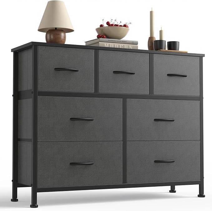 Sweetcrispy 7 Drawer Dresser with Fabric Bins Fabric Storage Tower Organizer for Bedroom Closet Hallway Entryway Tall Chest of Drawers with Steel Frame Wood Top Easy Pull Handles,Dark Gray