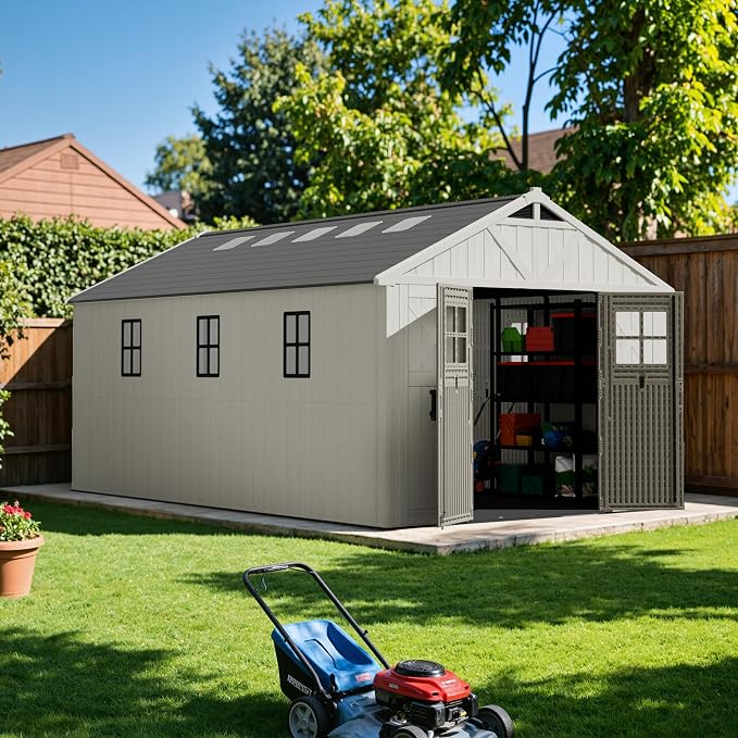 Devoko 10x16 FT Resin Storage Sheds with Floor, Large Plastic Outdoor Garden Shed with Windows & Lockable Doors, Outside Utility Storage Tool Shed for Patio Backyard Lawn, Beige