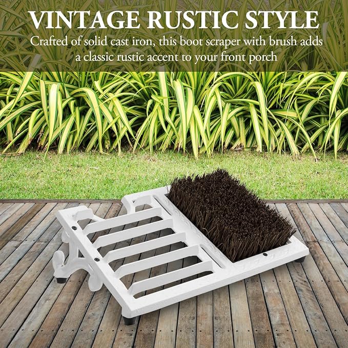 MyGift Boot Brush Scraper Outdoor, Heavy Duty Cast Iron Shoe Scraper Mat, Vintage Rustic Shoe Brush Angled Boot Dirt Cleaner Brush for Entryway, Porch, Mudroom or Garage (White)