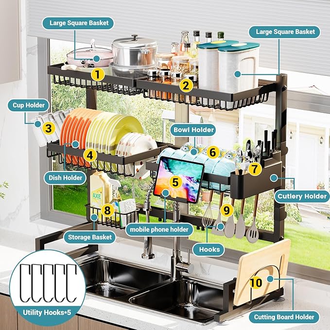 ADBIU Over The Sink Dish Drying Rack (Expandable Height and Length) Snap-On Design 2 Tier Large Dish Rack (27-40L x 12W x 32.5-37H (inches))