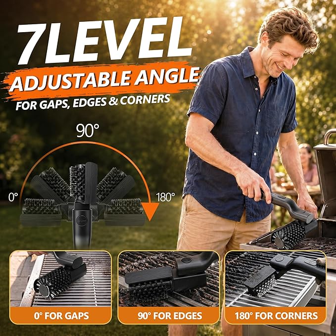 Electric Grill Brush- 24kg Max Torque BBQ Cleaner with 3-Speed Modes- 200-Min Runtime- 7-Level Adjustable Angle, Reinforced Bristles, Safe for Porcelain, Cast Iron, Stainless Steel & Outdoor Grills
