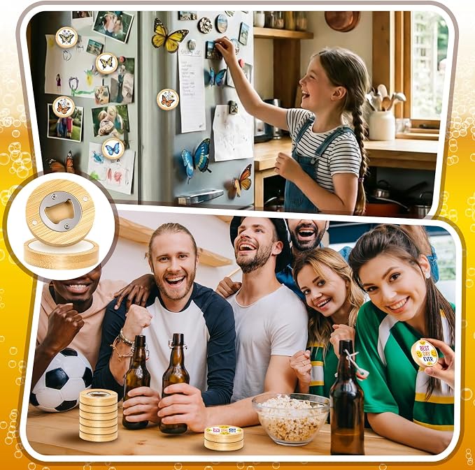 Vesici 12 Pcs 2 in 1 Sublimation Blank Magnetic Bottle Opener 2.5 Inch DIY Bamboo Fridge Magnetic Beer Opener Wooden Heat Transfer Print Cap Openers for Kitchen Bar Restaurant Wedding Gift (Round)