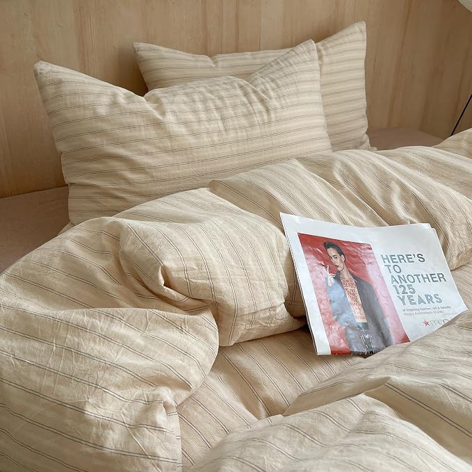 mixinni Retro Striped Duvet Cover Set King Size - 100% Washed Cotton Beige Duvet Cover with Black White Stripes, Soft Breathable 3 Piece Comforter Cover with Zipper Closure & Corner Ties