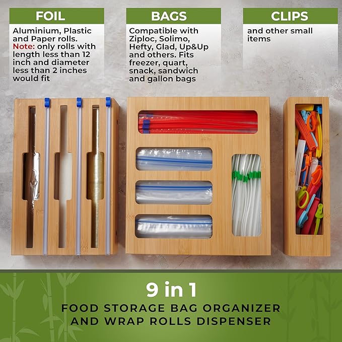 Kitchen Drawer Organizer, 9 in 1 Sandwich Storage Bag Organizer & Foil Wrap Dispenser - Fits Gallon, Quart, Snack - Plastic Bag Storage for Kitchen Organization [Measure Your Drawer Before Ordering]