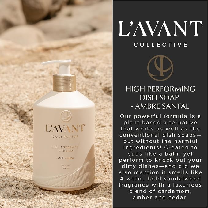 L'AVANT Collective Natural Luxury Dish Soap | Plant-Based, Non-Toxic & Grease-Cutting, Safe for Kids & Pets, Refillable Glass Bottle with Pump, 16 Fl Oz | Ambre Santal