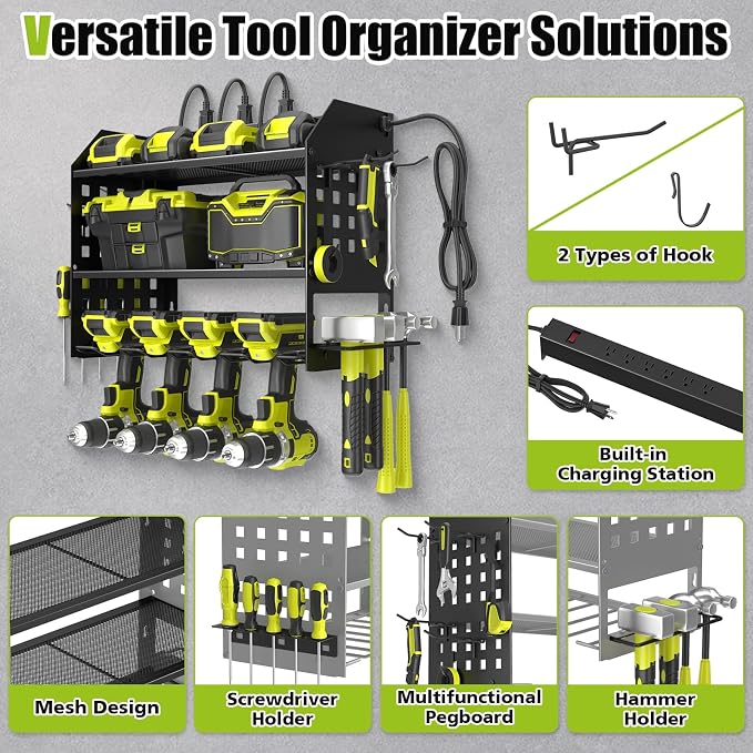 SUNALLY Power Tool Organizer Wall Mount with Charging Station,3 Layer Heavy Duty Metal Tool Storage Rack with 4 Drill Holders, Power Tool Shelf for Garage, Warehouse, Workshop, Gifts for Men, Husband