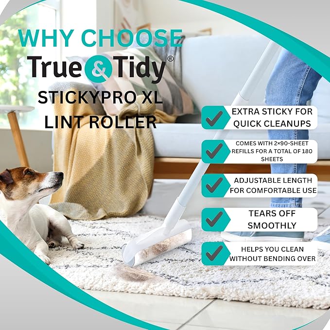 True & Tidy StickyPro XL Lint Roller Value Set with 2 Lint Roller Refills, Heavy-Duty Durable, Adjustable Handle Works Great on Pet Hair, Clothing, Furniture and More, 180 Sheets Total, Refillable