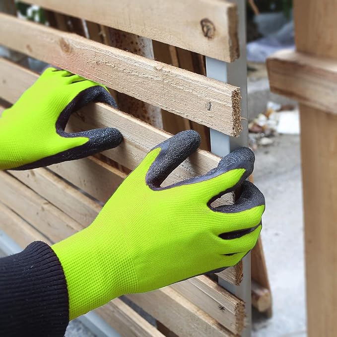 Evridwear Crinkle Latex Rubber Hand Coated Safety Work Gloves for Men Women General Multi Use Construction Warehouse Gardening Assembly Landscaping (Large, Green 12 Pairs)