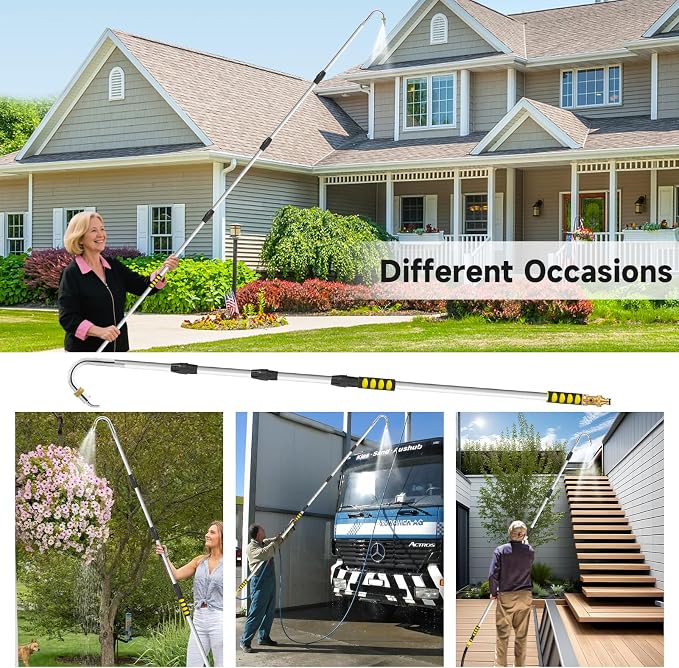 24FT Reach Gutter Cleaning Tools from Ground, Telescopic Rain Gutter Cleaners Tool with Hose Attachment and Heavy Duty Wand & Connecting Adapter
