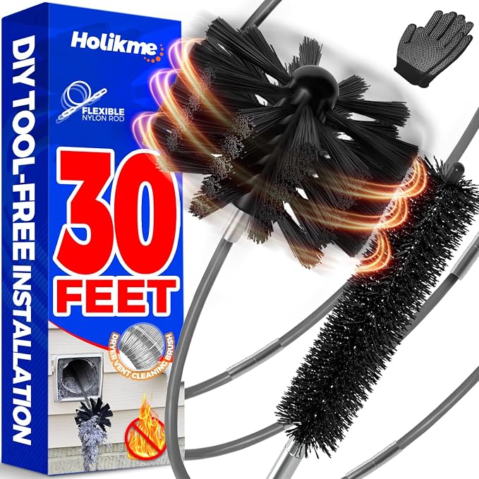 Holikme Dryer Vent Cleaner Kit - 30Ft Fireplace Chimney Brushes Flexible | Dryer Vent Cleaner Brush with Drill Attachment, Removes Years of Lint Buildup, Faster Drying & Fire Safety, Gray
