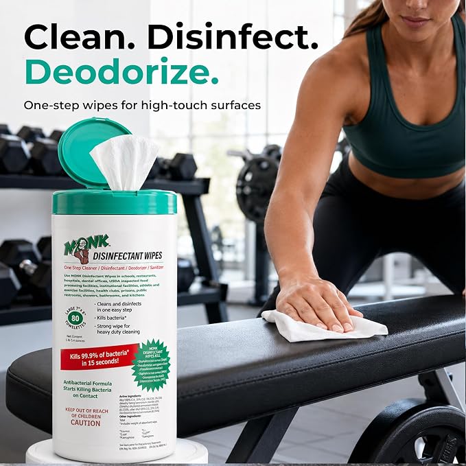 Monk Disinfecting Wipes 6 Canisters of 80 Count for Commercial Facilities | Heavy Duty Cleaning Wipes - 3in1 Disinfectant, Deodorizer & Sanitizer Cleaning Supplies – All Purpose Cleaner for Home & Gym