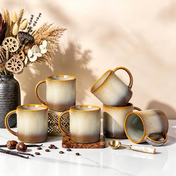 theterra Ceramic Coffee Mugs Set of 6, 14.2oz Handmade Coffee Cups with Handle for Latte, Tea, Milk, Beer, Hot Cocoa, Dusk Blue