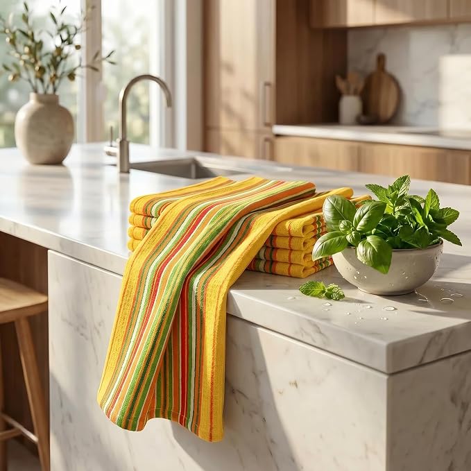 Urban Villa Kitchen Towels Waffle Stripes Dish Towels for Kitchen Mustard Color Set of 6 Kitchen Towels Highly Absorbent 100% Cotton Over Sized 20X30 in with Mitered Corners Kitchen Hand Tea Towels