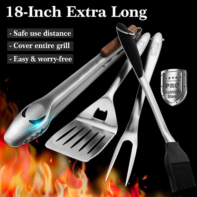 GRILLART BBQ Tools Grill Tools Set -18Inch Grilling Tools BBQ Set - Grill Accessories w/BBQ Tongs, Spatula, Fork, Brush- Stainless Grill Kit Grilling Set - Gift Ideas BBQ Accessories Gifts for Men Dad
