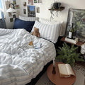 mixinni Vintage Blue & White Striped Duvet Cover Set - 3 Piece 100% Washed Cotton King Size Bedding | Minimalist Relaxed Style | Ultra Soft Breathable, with Zipper Closure & Corner Ties-King Size